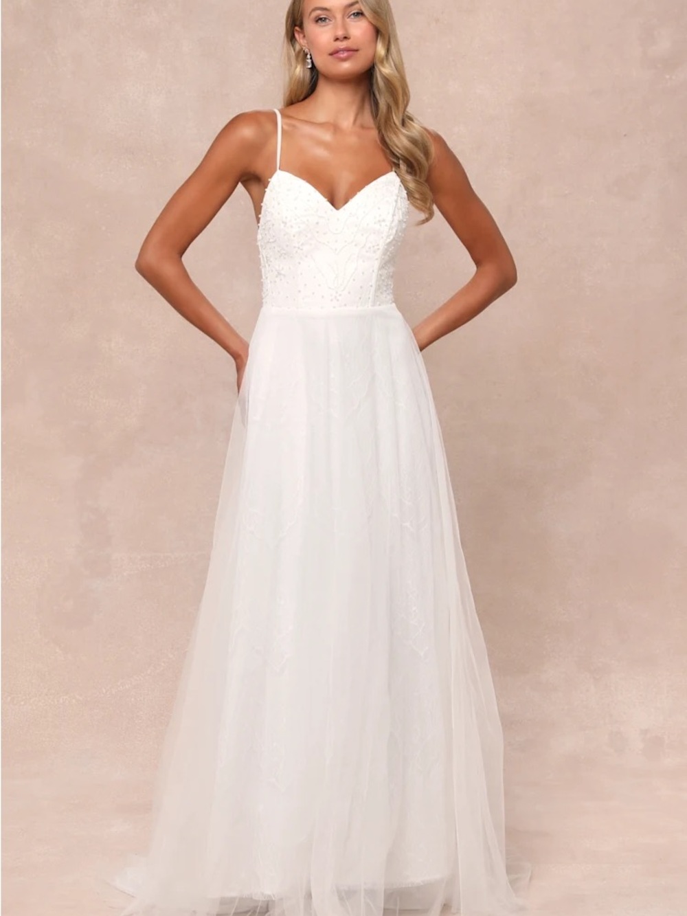 Lulus Pearl Embellished White Bridal Maxi Dress Spaghetti Strap Tulle Size S